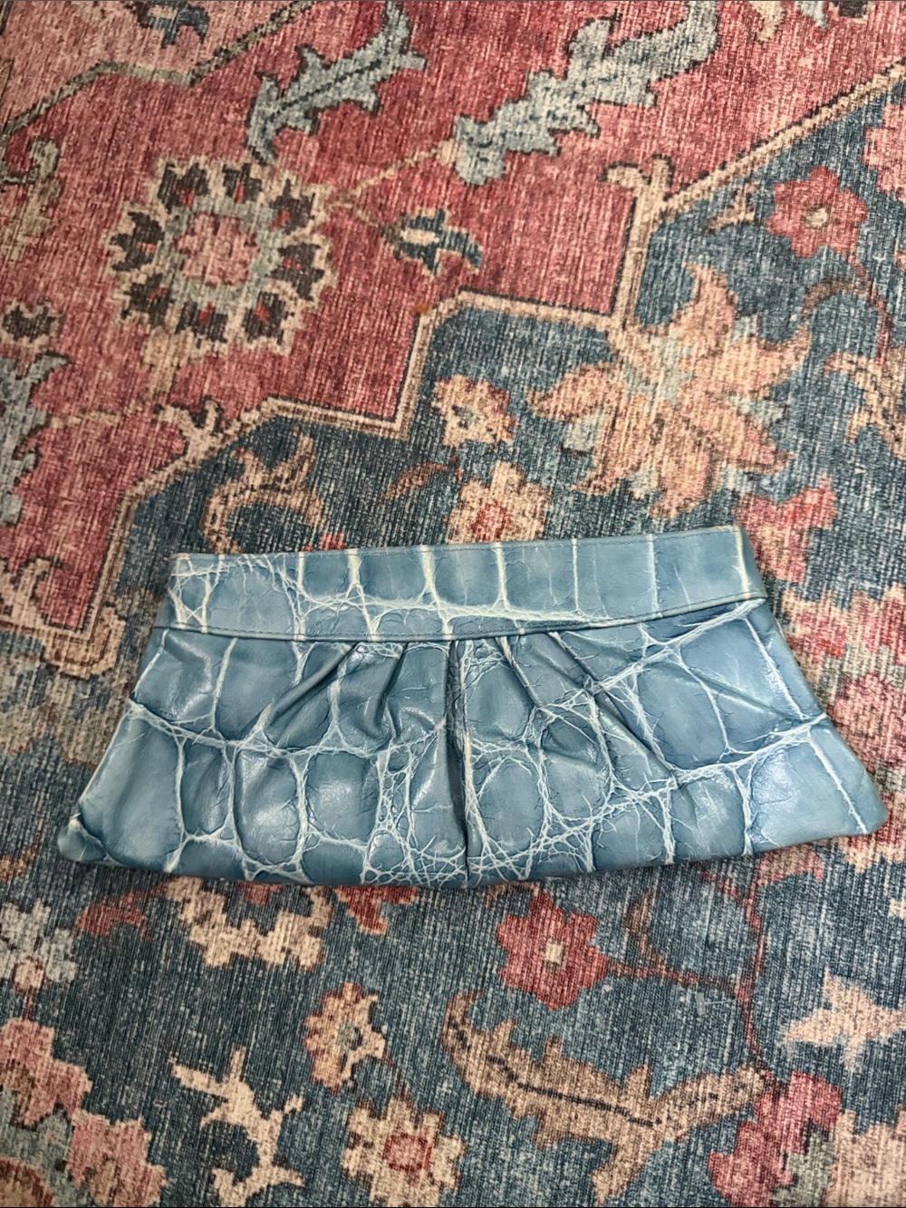 Lauren Merkin Louise Blue Croc-Texture Pleated Clutch